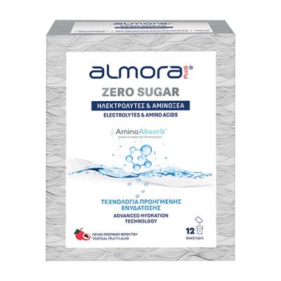 ALMORA Plus Zero Sugar Συμπλήρωμα Διατροφής με Ηλεκτρολύτες & Αμινοξέα Χωρίς Ζάχαρη 12 Φακελάκια
