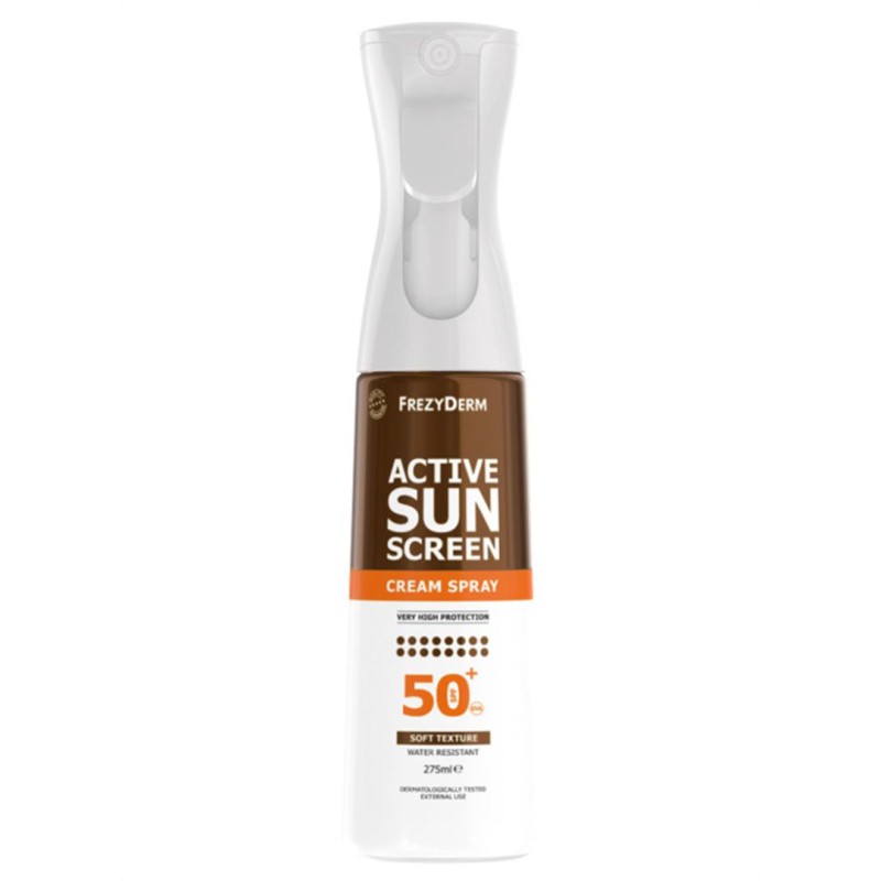 FREZYDERM Active Sun Screen Cream Spray Aντηλιακό Γαλάκτωμα σε Σπρέι για Εύκολο και Ομοιόμορφο Ψεκασμό Προσώπου και Σώματος SPF50+ 275ml