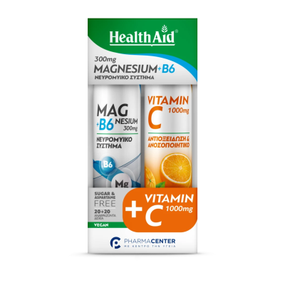 HEALTH AID 1+1 Magnesium+B6 Συμπλήρωμα Διατροφής για το Νευρομυικό Σύστημα 20 Αναβράζοντα Δισκία & Vitamin C 1000mg 20 Αναβράζοντα Δισκία