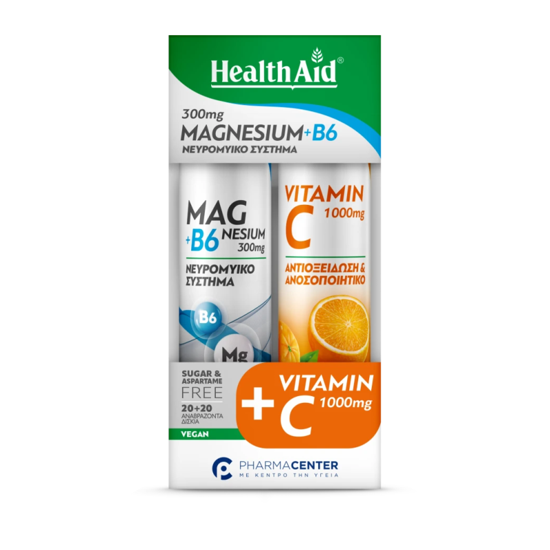 HEALTH AID 1+1 Magnesium+B6 Συμπλήρωμα Διατροφής για το Νευρομυικό Σύστημα 20 Αναβράζοντα Δισκία & Vitamin C 1000mg 20 Αναβράζοντα Δισκία