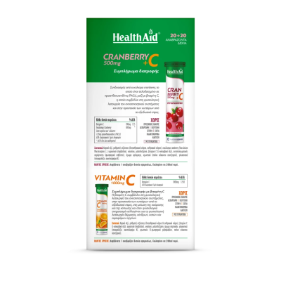 HEALTH AID 1+1 Cranberry 500mg + C Συμπλήρωμα Διατροφής με Κράνμπερι και Βιταμίνη C 20 Αναβράζοντα Δισκία & Vitamin C 1000mg 20 Αναβράζοντα Δισκία