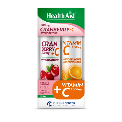 HEALTH AID 1+1 Cranberry 500mg + C Συμπλήρωμα Διατροφής με Κράνμπερι και Βιταμίνη C 20 Αναβράζοντα Δισκία & Vitamin C 1000mg 20 Αναβράζοντα Δισκία