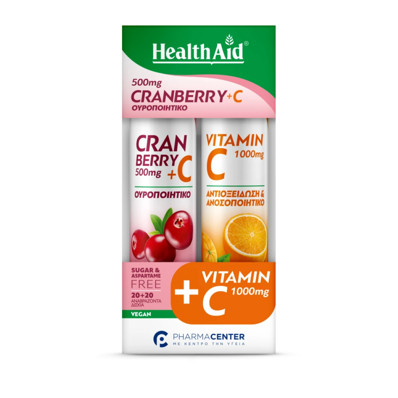 HEALTH AID 1+1 Cranberry 500mg + C Συμπλήρωμα Διατροφής με Κράνμπερι και Βιταμίνη C 20 Αναβράζοντα Δισκία & Vitamin C 1000mg 20 Αναβράζοντα Δισκία