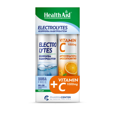HEALTH AID 1+1 Electrolytes Συμπλήρωμα Διατροφής με Ηλεκτρολύτες 20 Αναβράζοντα Δισκία & Vitamin C 1000mg 20 Αναβράζοντα Δισκία