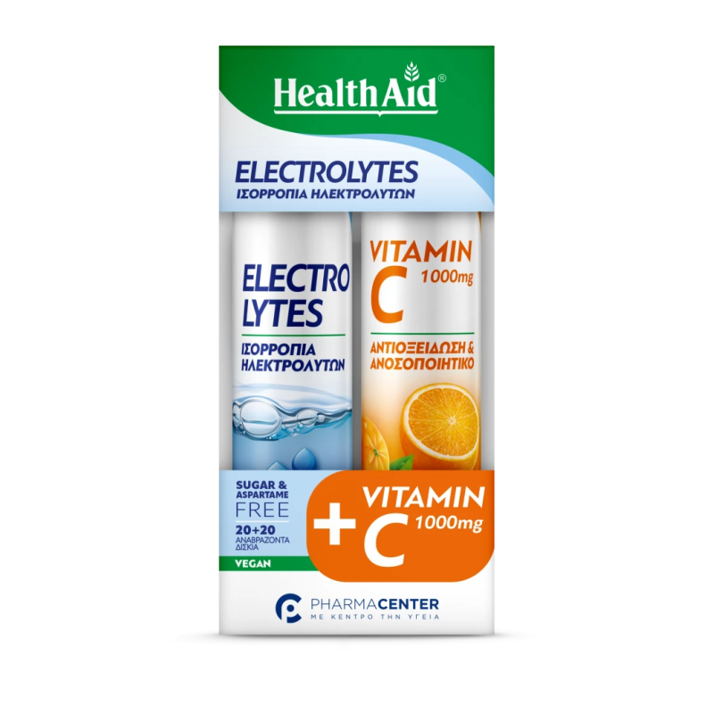 HEALTH AID 1+1 Electrolytes Συμπλήρωμα Διατροφής με Ηλεκτρολύτες 20 Αναβράζοντα Δισκία & Vitamin C 1000mg 20 Αναβράζοντα Δισκία