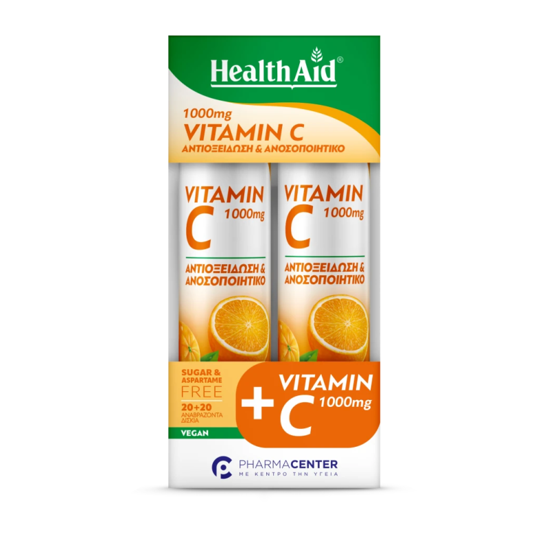 HEALTH AID 1+1 Vitamin C 1000mg Συμπλήρωμα Διατροφής με Βιταμίνη C και Γεύση Πορτοκάλι 2x20 Αναβράζοντα Δισκία
