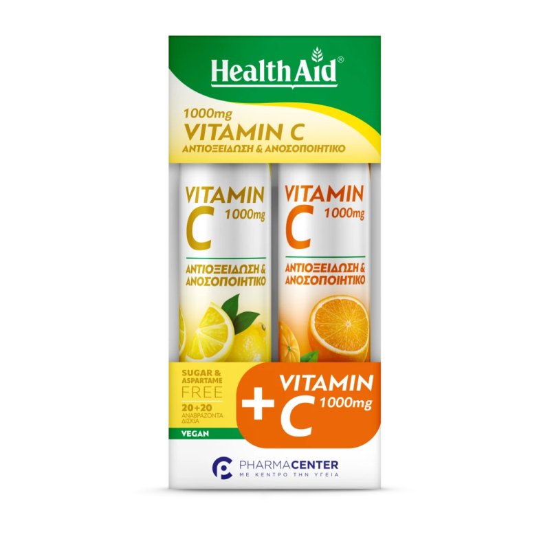 HEALTH AID 1+1 Vitamin C 1000mg Συμπλήρωμα Διατροφής με Βιταμίνη C και Γεύση Λεμόνι και Πορτοκάλι 2x20 Αναβράζοντα Δισκία