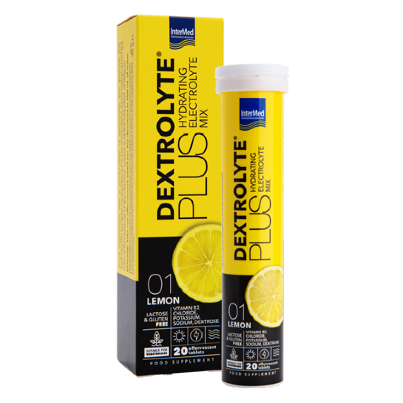 INTERMED Dextrolyte Plus Hydrating Electrolyte Mix 01 Lemon Συμπληρωμα Διατροφής με Ηλεκτρολύτες , Δεξτρόζη & Βιταμίνη Β2 και Γεύση Λεμόνι 20 Αναβράζοντα Δισκία