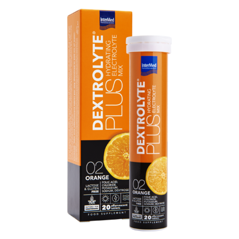 INTERMED Dextrolyte Plus Hydrating Electrolyte Mix 02 Orange Συμπληρωμα Διατροφής με Ηλεκτρολύτες , Δεξτρόζη & Φυλλικό Οξύ και Γεύση Πορτοκάλι 20 Αναβράζοντα Δισκία