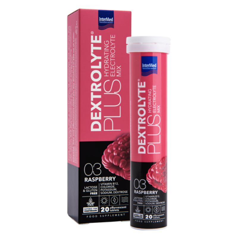 INTERMED Dextrolyte Plus Hydrating Electrolyte Mix 03 Raspberry Συμπληρωμα Διατροφής με Ηλεκτρολύτες , Δεξτρόζη & Βιταμίνη Β12 και Γεύση Βατόμουρο 20 Αναβράζοντα Δισκία