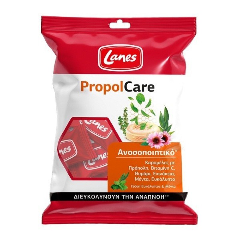 LANES Propolcare Καραμέλες για το Λαιμό με Στέβια Περιέχει Πρόπολη , Βιταμίνη C , Θυμάρι , Εχινάκεια , Μέντα  , Ευκάλυπτο και Γεύση Ευκάλυπτος & Μέντα 54g