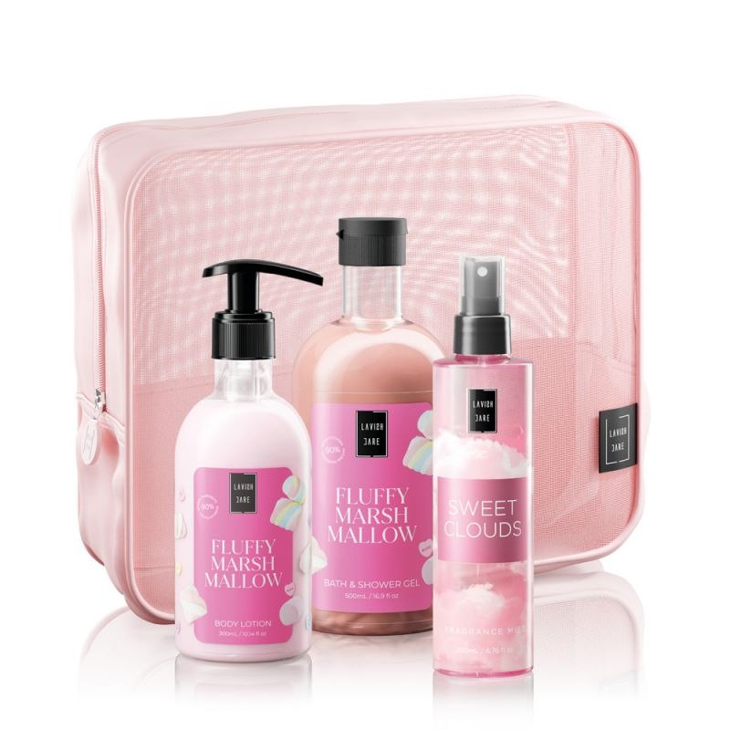 LAVISH CARE Fluffy Marshmallow Body Care Bag Gift Set Σετ Περιποίησης Σώματος με Νεσεσέρ Αφρόλουτρο 500ml & Κρέμα Σώματος 300ml & Αρωματικό Σπρέι Σώματος 200ml