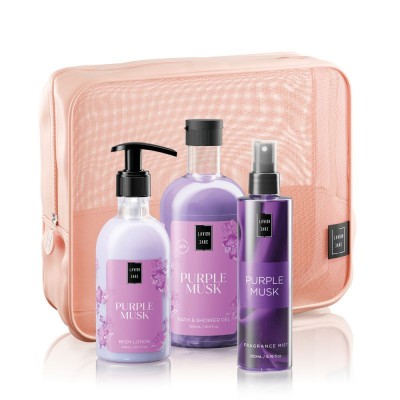 LAVISH CARE Purple Musk Body Care Bag Gift Set Σετ Περιποίησης Σώματος με Νεσεσέρ Αφρόλουτρο 500ml & Κρέμα Σώματος 300ml & Αρωματικό Σπρέι Σώματος 200ml