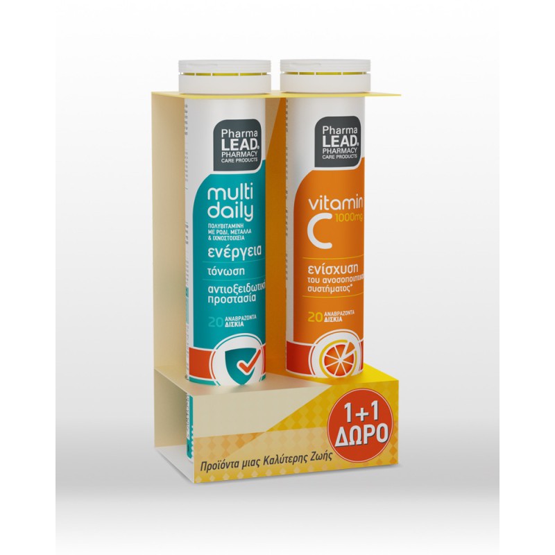 PHARMALEAD 1+1 Multi Daily Πολυβιταμινούχο Συμπλήρωμα Διατροφής για Ενέργεια , Τόνωση και Αντιοξειδωτική Προστασία με Γέυση Πορτοκάλι 20 Αναβράζοντα Δισκία & ΔΩΡΟ Vitamin C 1000mg 20 Αναβράζοντα Δισκία