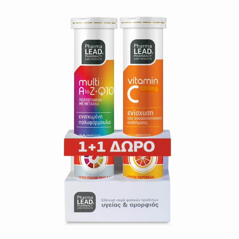 PHARMALEAD 1+1 Multi A to Z+Q10 Πολυβιταμινούχο Συμπλήρωμα Διατροφής με Γεύση Passion Fruit & Mango 20 Αναβράζοντα Δισκία & ΔΩΡΟ Vitamin C 1000mg 20 Αναβράζοντα Δισκία