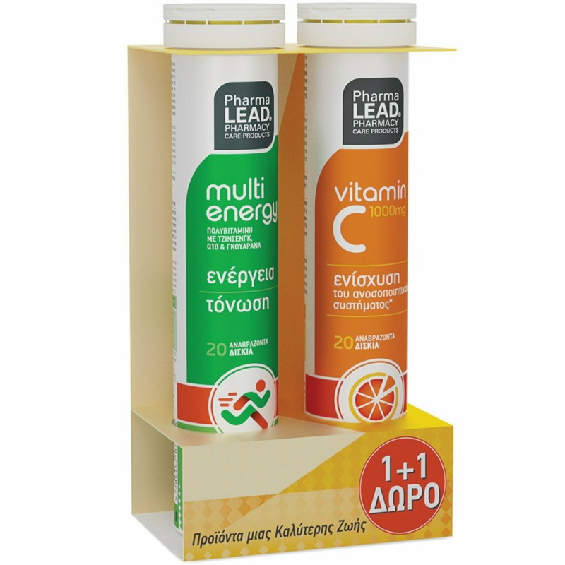 PHARMALEAD 1+1 Multi Energy Πολυβιταμινούχο Συμπλήρωμα Διατροφής για Ενέργεια και Τόνωση με Γεύση Λεμόνι 20 Αναβράζοντα Δισκία & ΔΩΡΟ Vitamin C 1000mg 20 Αναβράζοντα Δισκία