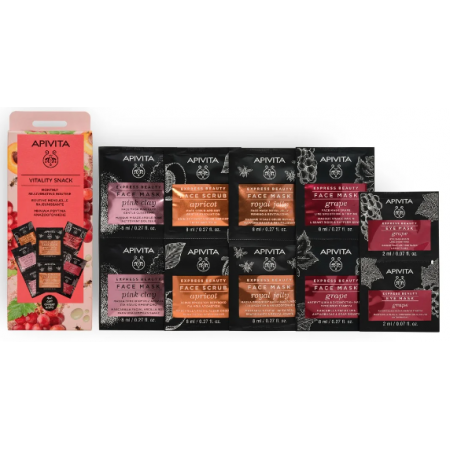 APIVITA 4+1 Vitality Snack Gift Set Express Beauty Βερύκοκο 2x8ml & Ροζ Άργιλος 2x8ml & Σταφύλι 2x8ml & Μάσκα Ματιών Σταφύλι 2x2ml & Δώρο Μάσκα Βασιλικός Πολτός 2x8ml