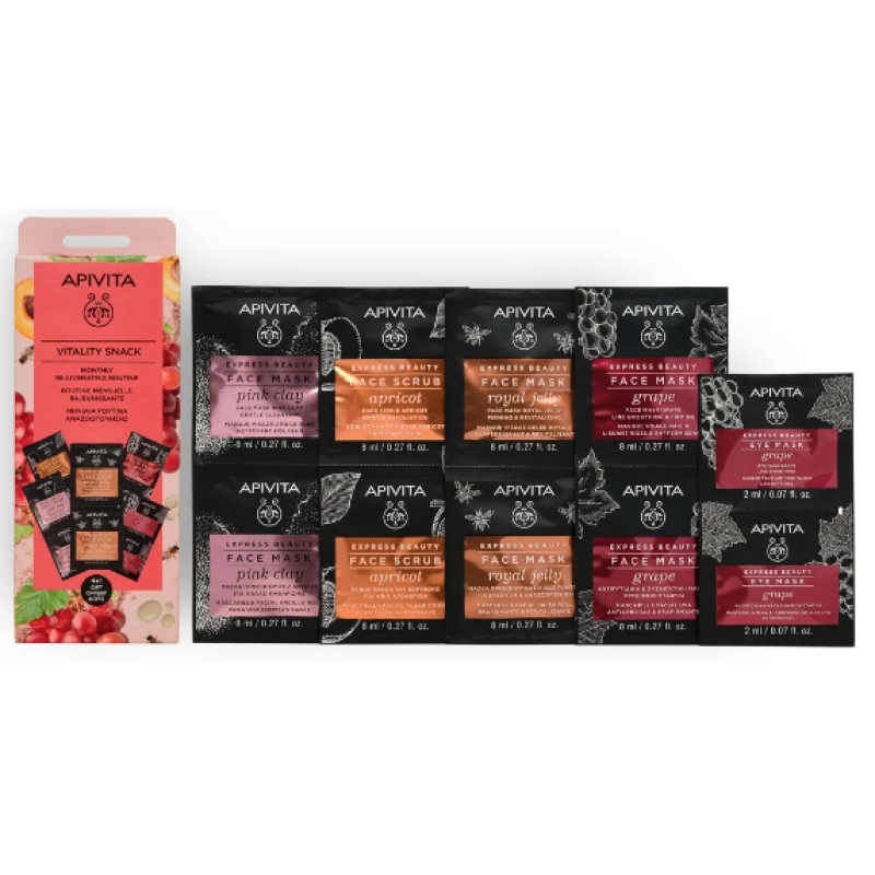 APIVITA 4+1 Vitality Snack Gift Set Express Beauty Βερύκοκο 2x8ml & Ροζ Άργιλος 2x8ml & Σταφύλι 2x8ml & Μάσκα Ματιών Σταφύλι 2x2ml & Δώρο Μάσκα Βασιλικός Πολτός 2x8ml