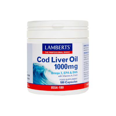 LAMBERTS Cod Liver Oil 1000 mg Ωμέγα 3+ Βιταμίνες Α & D 180 Δισκία