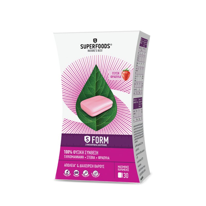 SUPERFOODS S Form Συμπλήρωμα Διατροφής με Γλυκομαννάνη για Διαχείρηση και Απώλεια Βάρους με Γεύση Φράουλα 30 Μασώμενες Καραμέλες