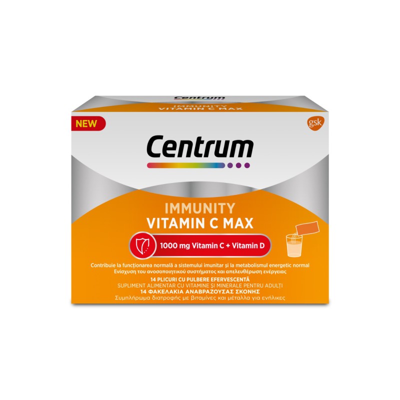 CENTRUM Immunity Vitamin C Max 1000mg Συμπλη΄ρωμα Διατροφής με Βιταμίνη C & D γα την Ενίσχυση του Ανοσοποιητικού 14 Φακελίσκοι 