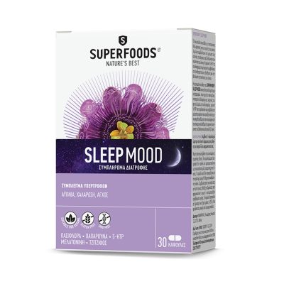 SUPERFOODS Sleep Mood Συμπλήρωμα Διατροφής που Συμβάλλει στη Μείωση της Αυπνίας και Βελτιώνει την Ποιότητα του Ύπνου 30 Κάψουλες