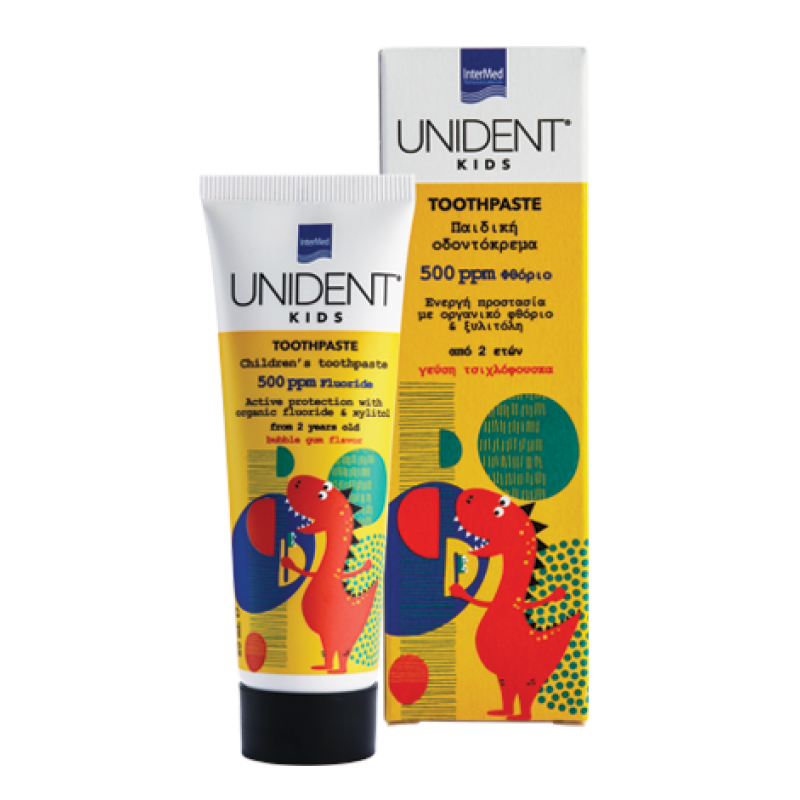INTERMED Unident Kids Toothpaste 500 ppm Fluoride Παιδική Οδοντόκρεμα απο 2 Ετών με Γεύση Τσιχλόφουσκα 50ml