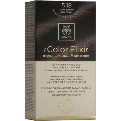 APIVITA My Color Elixir Μόνιμη Βαφή Μαλλιών με 3 Πολύτιμα Έλαια Argan , Αβοκάντο & Ελιάς Απόχρωση Καστανό ανοιχτό σαντρέ περλέ 5.18