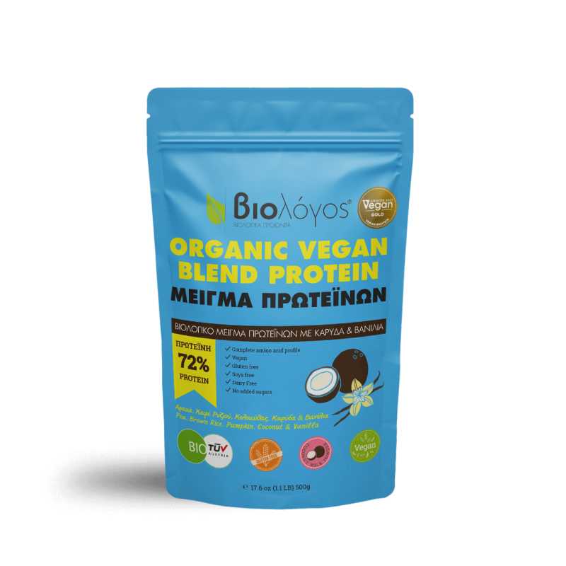 ΒΙΟΛΟΓΟΣ Organic Vegan Blend Protein Μείγμα Πρωτεινών με Καρύδα και Βανίλια 72% 500g