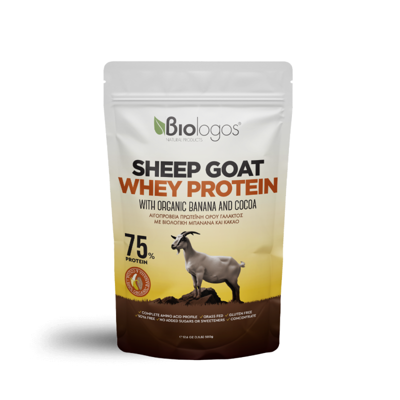ΒΙΟΛΟΓΟΣ Sheep Goat Whey Protein Αιγοπρόβεια Πρωτείνη Ορού Γάλακτος με Βιολογική Μπανάνα και Κακάο 75% 500g